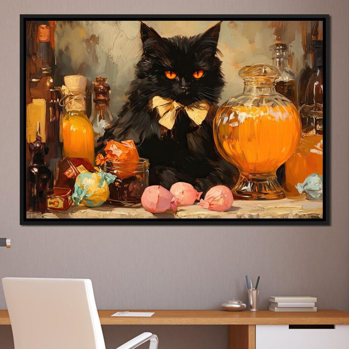 Black Cat With Bow Tie Among Candy Jars Sweet Still Life Art Poster - Image 4