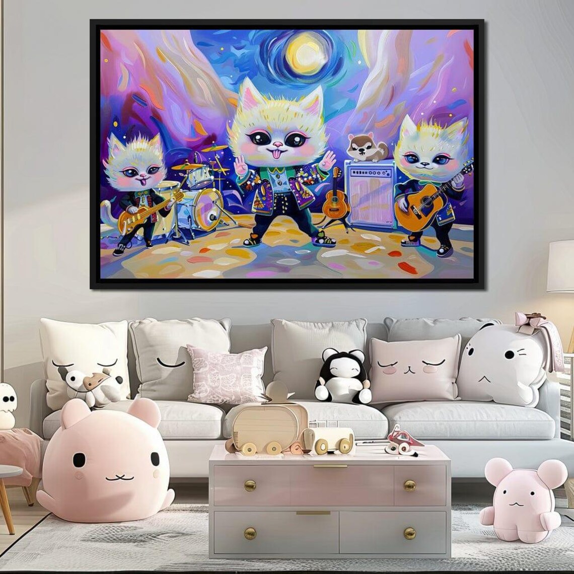 Cute Cat Rock Band Guitars Drums Whimsical Kids Music Wall Poster - Image 4