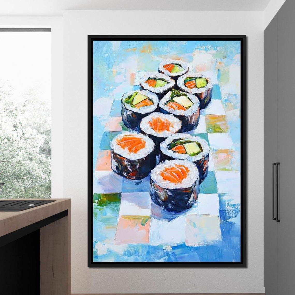 Sushi Maki Rolls Salmon Avocado Pastel Checkered Kitchen Wall Poster - Image 3