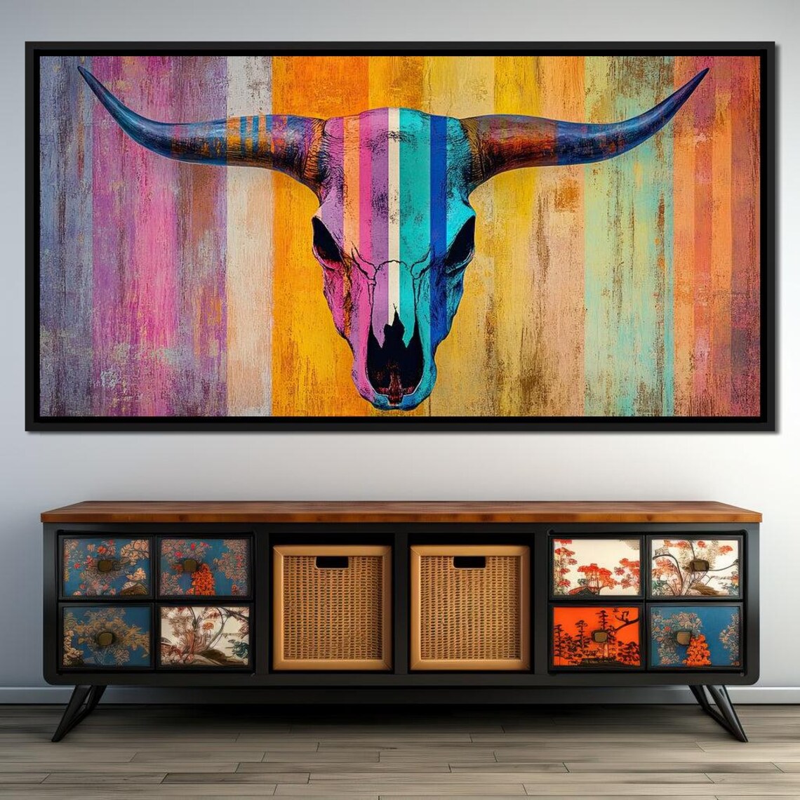 Colorful Longhorn Skull Striped Desert Western Rustic Art Print