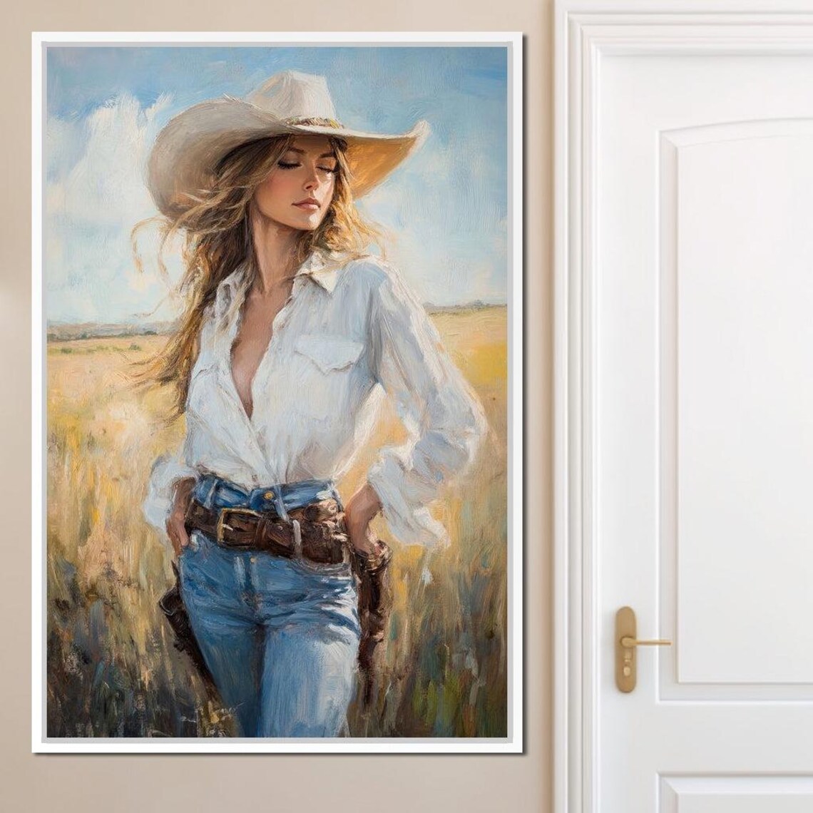 Sunlit Cowgirl White Hat Golden Wheat Field Western Art Poster