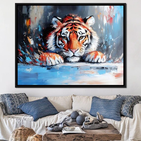 Majestic Tiger Emerging From Abstract Blue Brushstrokes Poster