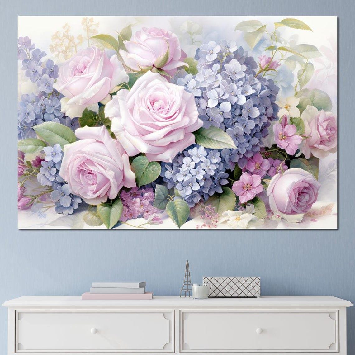 Pink Roses Blue Hydrangea Bouquet Watercolor Spring Art Print - Image 3