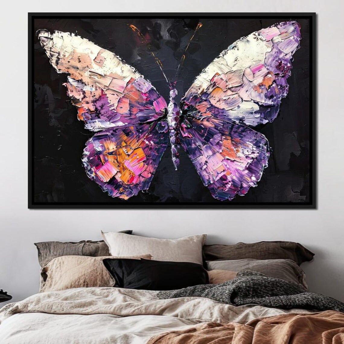 Iridescent Butterfly Cream Purple Pink Textured Wings Black Wall Art - Image 2