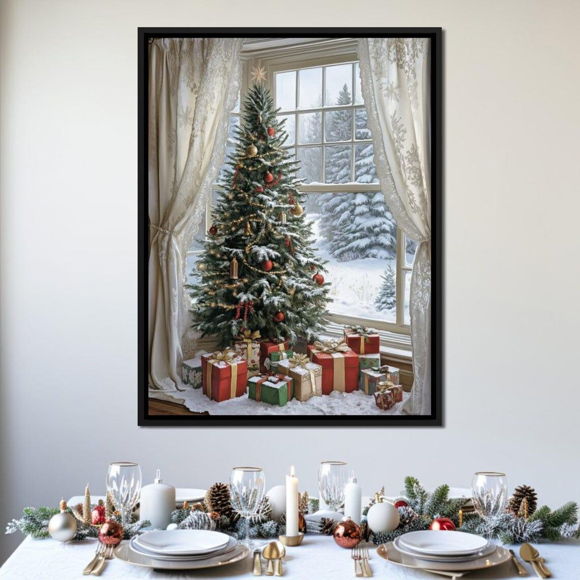Christmas Tree By Window Snowy Landscape Gifts Vintage Holiday Print