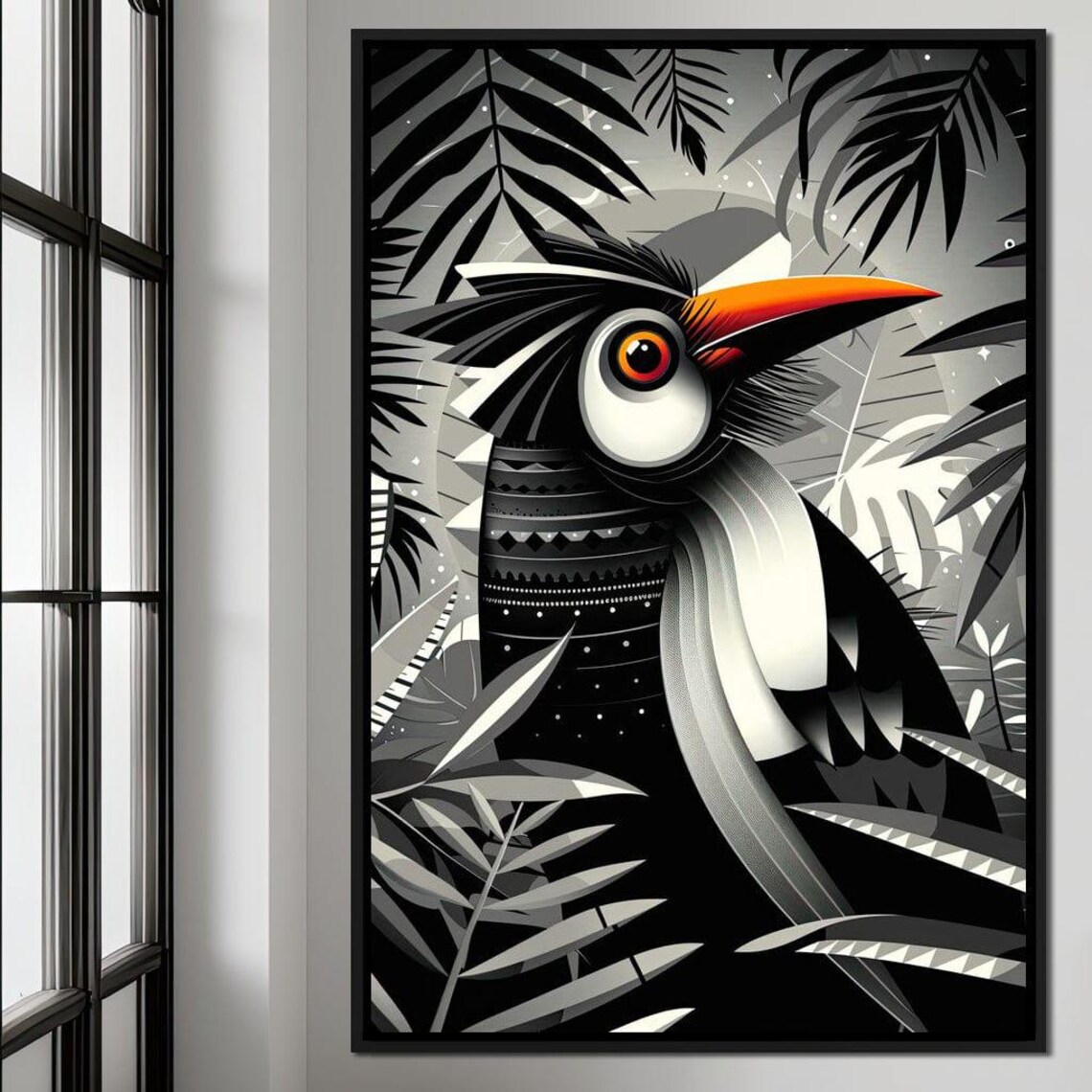 Monochrome Toucan Orange Beak Tribal Geometric Bird Wall Art - Image 4