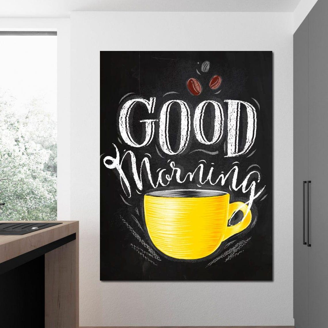 Good Morning Yellow Coffee Mug Art Kitchen Decor Coffee Lovers Gift Rustic Home Decor Blackboard Style Wall Art By Nichecanvas - Image 3