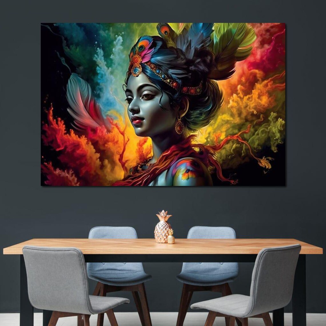 Radha Blue Peacock Feather Crown Vibrant Cosmic Hindu Art Poster - Image 2