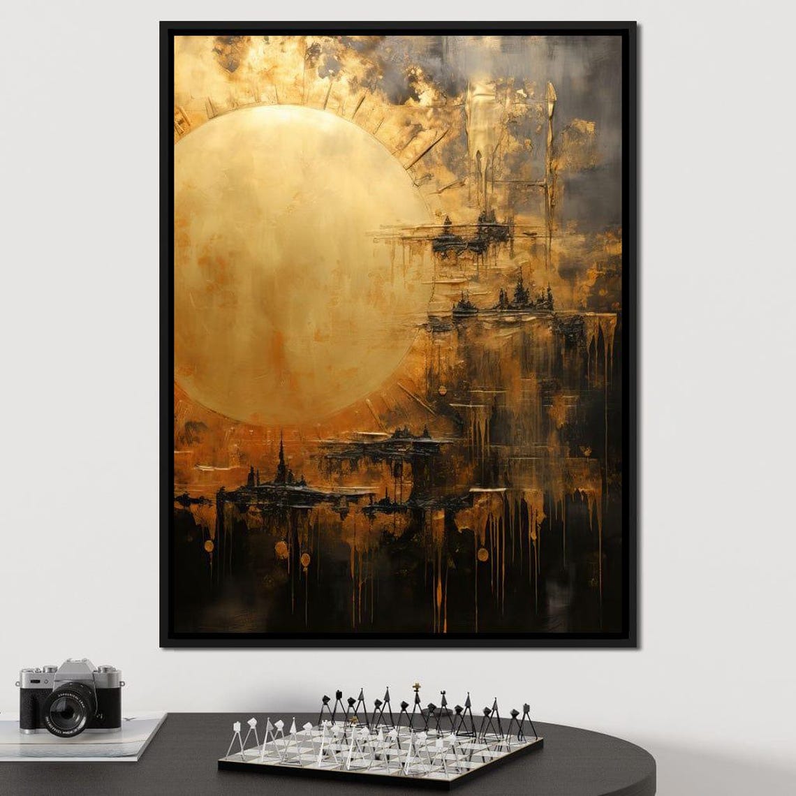 Golden Moon Dark City Drip Framed Modern Abstract Wall Art Poster