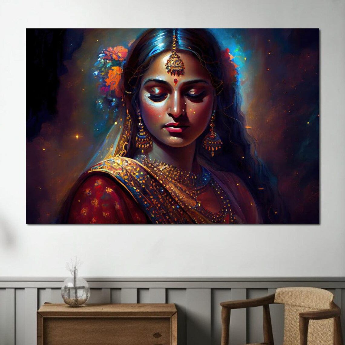 Radha Indian Goddess Glowing Portrait Traditional Sari Art Poster - Image 3