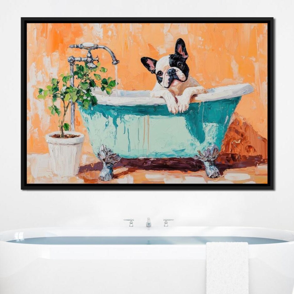 French Bulldog Bath Time Blue Tub Orange Wall Cute Pet Art Poster - Image 4