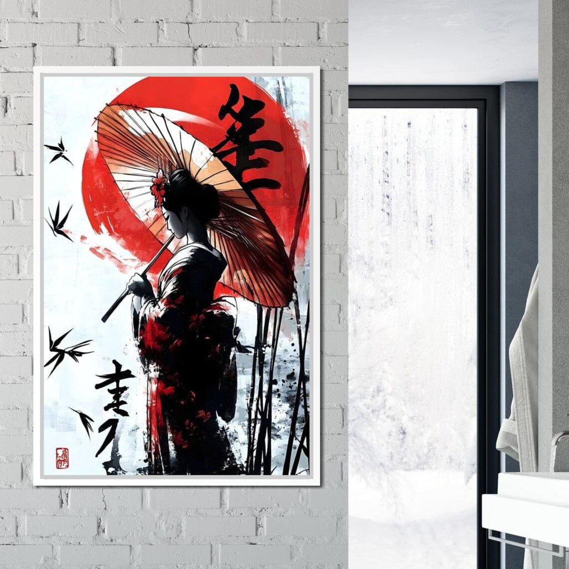 Geisha Red Sun Parasol Ink Wash Japanese Sumi E Painting Art Poster - Image 3