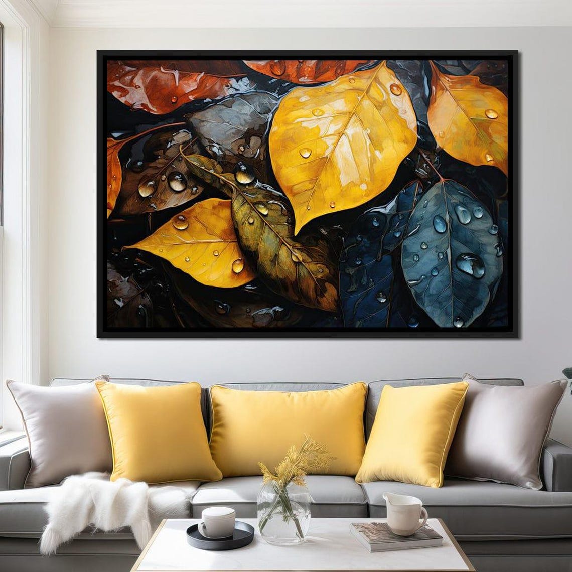 Autumn Leaves Rain Droplets Golden Amber Moody Nature Art Poster