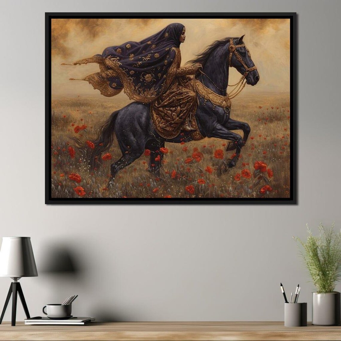 Poppy Field Rider Woman On Black Horse Golden Haze Equestrian Poster - Image 3