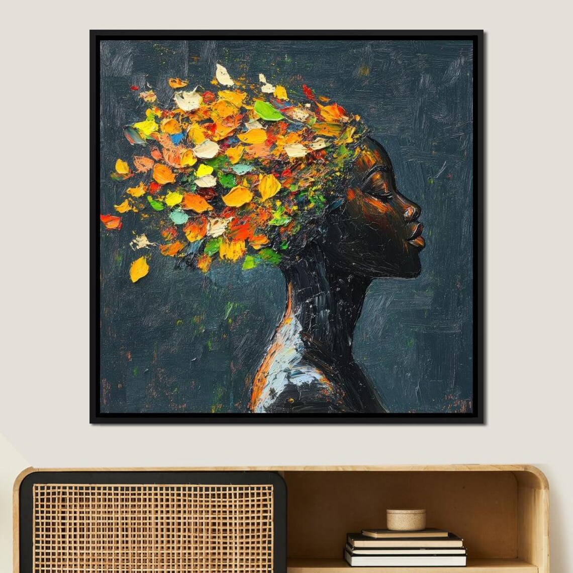 Elegant Woman With Golden Autumn Leaves Afro Impasto Portrait Poster - Image 3