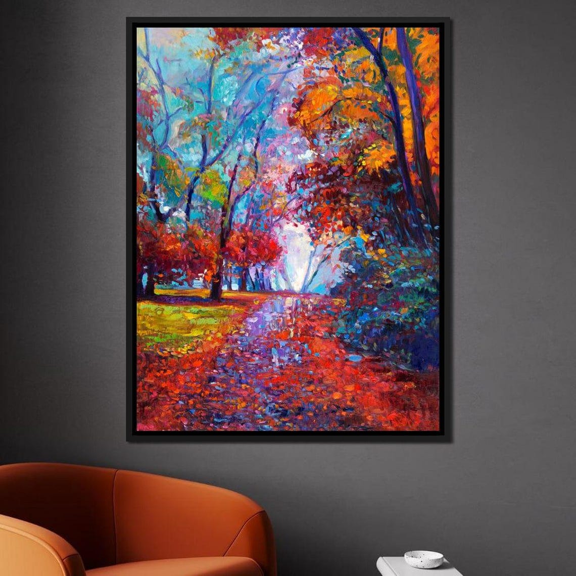 Autumn Forest Path Vibrant Fall Colors Oil Painting Cozy Nature Poster