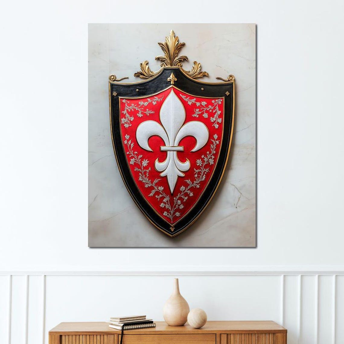 Red Shield with White Fleur De Lys on Black Marble Wall Poster - Image 3