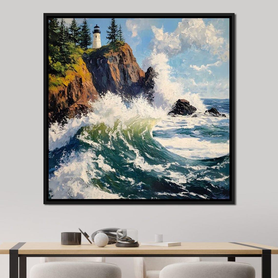 Coastal Lighthouse Wavescape Ocean Waves Wall Art Nautical Scene Beach Home Decor Nature Landscape Seascape Print By Nichecanvas - Image 2