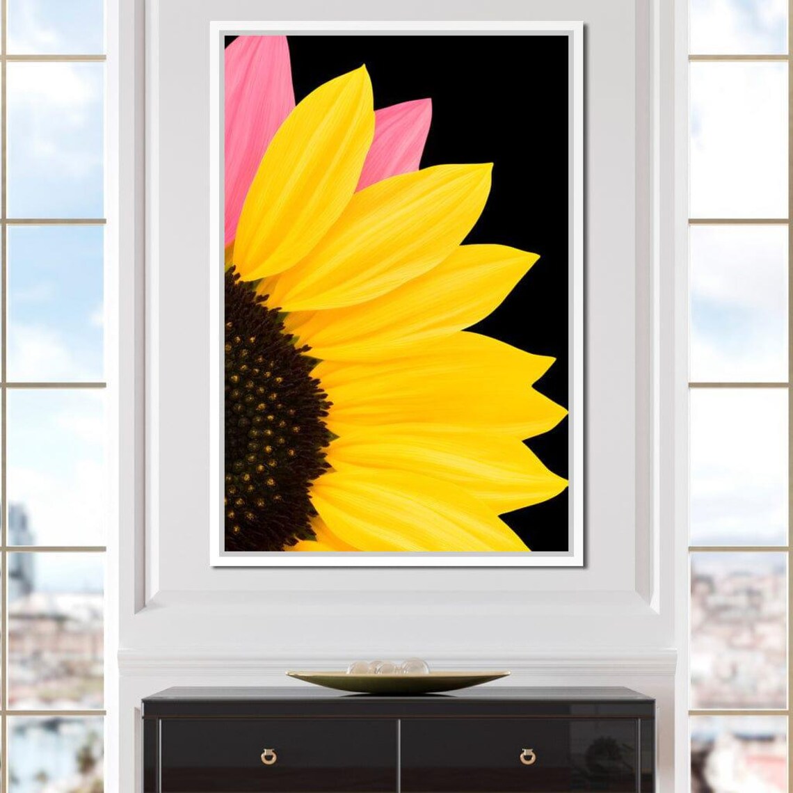 Close Up Sunflower Bloom with Pink Petals on Black Wall Poster - Image 2