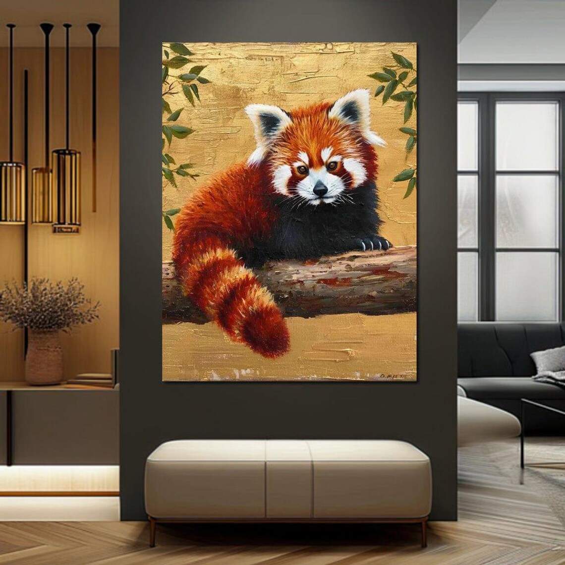 Red Panda Resting On Branch Golden Background Wildlife Art Print - Image 2