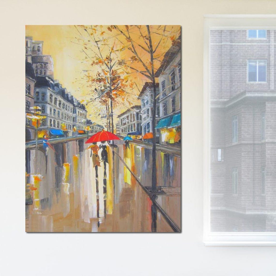 Romantic Rainy Old Town Street Red Umbrella Couple Oil Paint Poster - Image 2