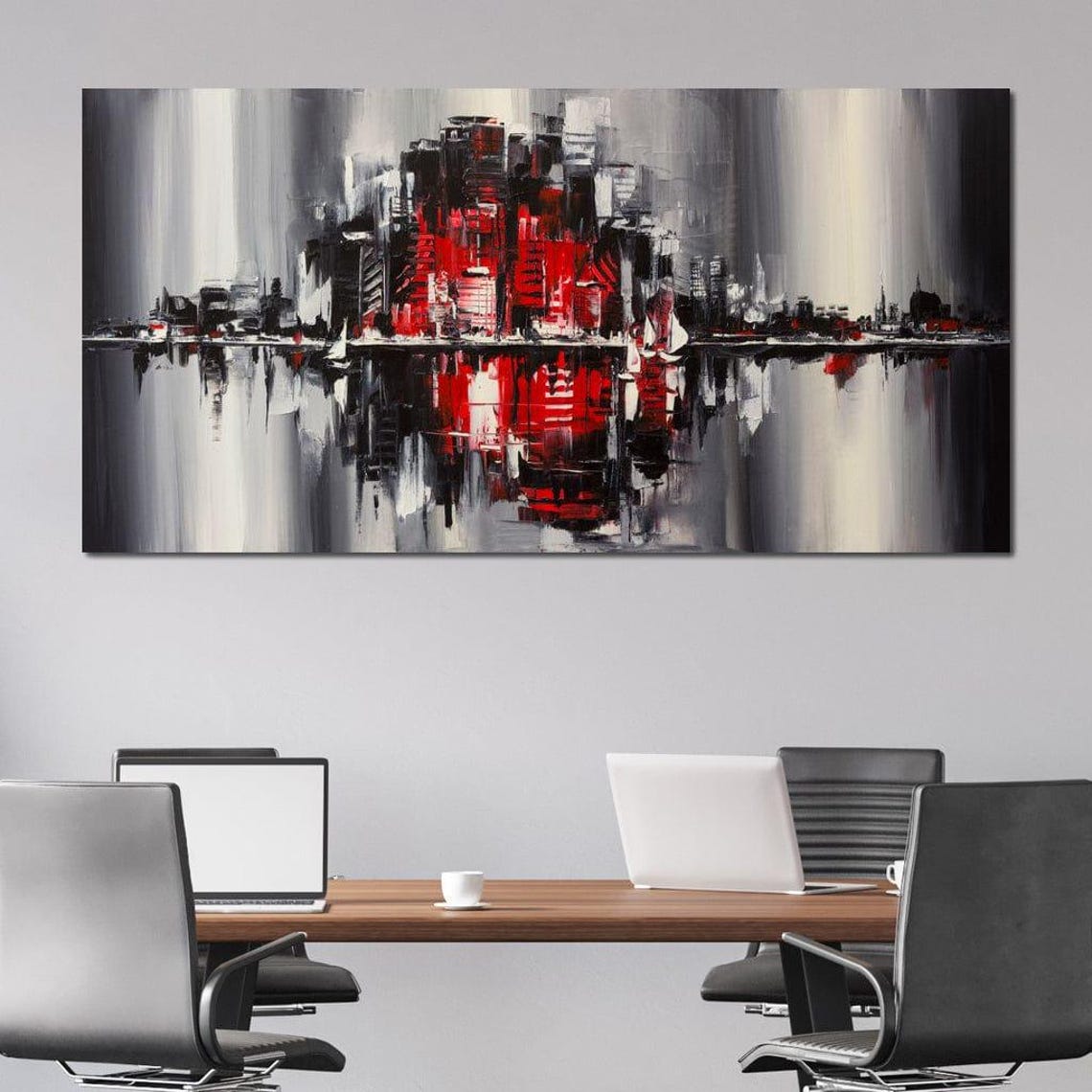 Red Black Grey Abstract City Skyline Water Reflection Modern Wall Art - Image 2