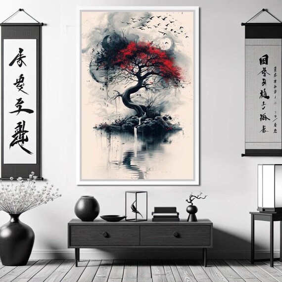 Sable Serenity With Crimson Flare Japanese Tree Art Minimalist Decor Wall Art Print Home Decor Zen Art Piece By Nichecanvas