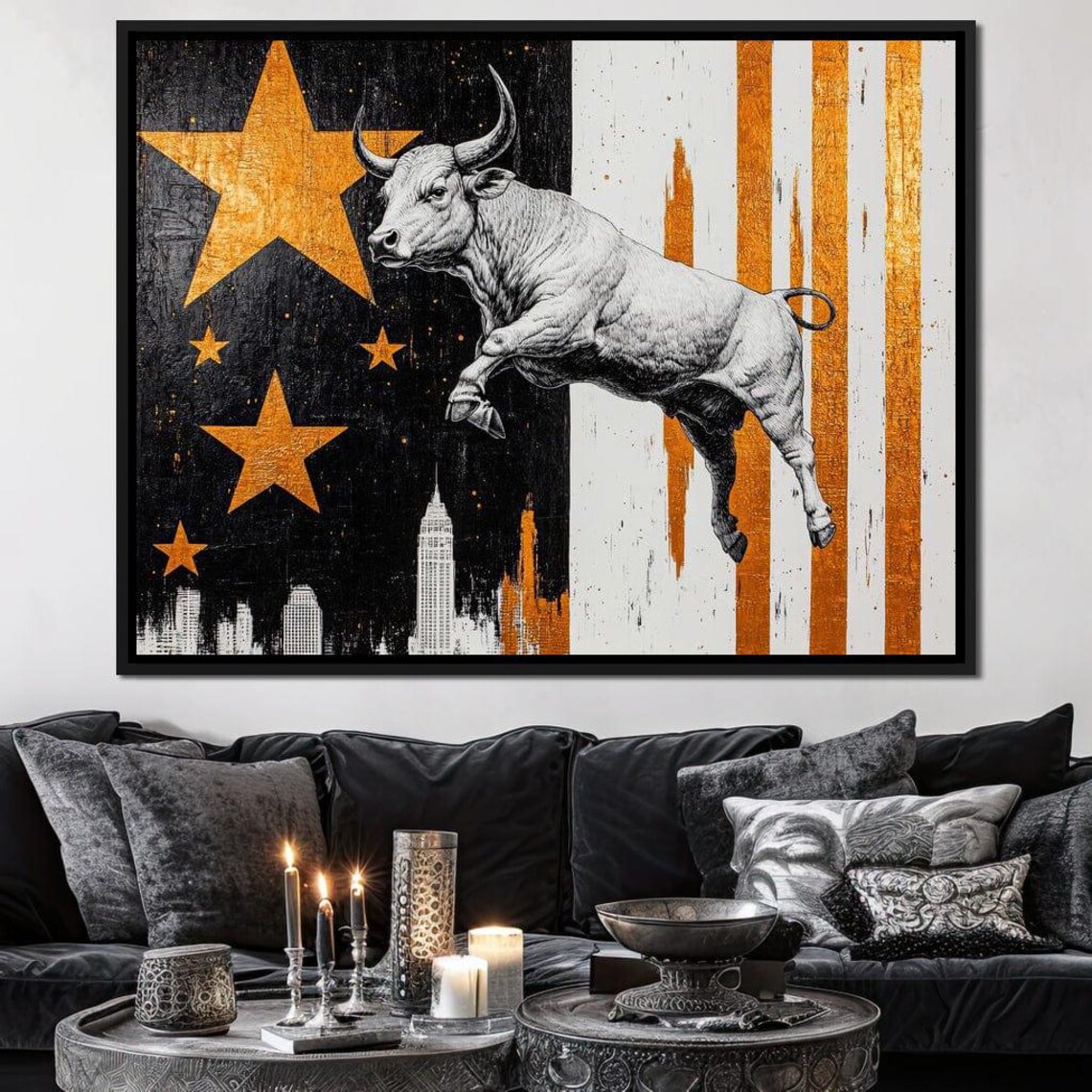 Leaping White Bull Gold Stars City Skyline Black Gold Wall Art Poster - Image 3