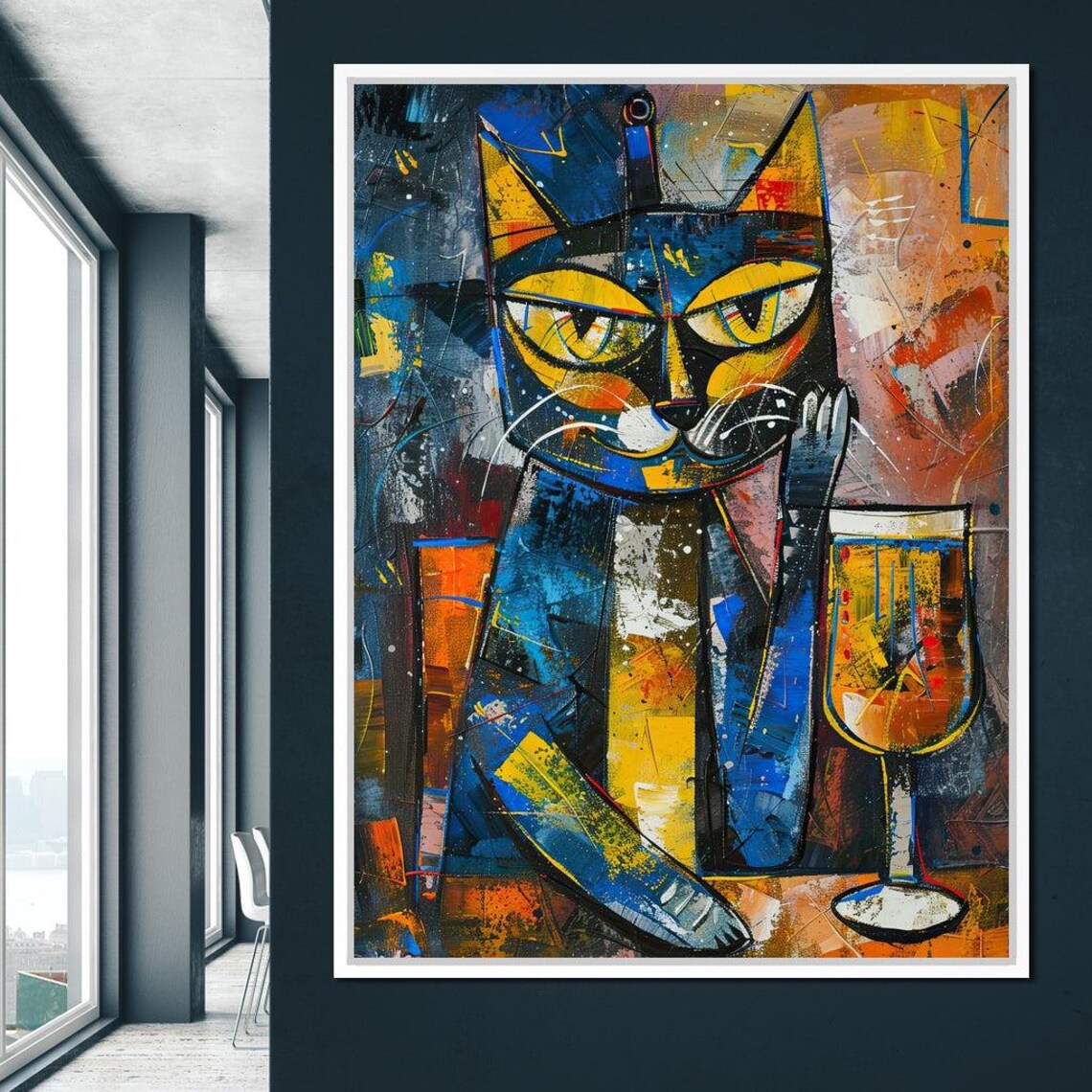 Cubist Black Cat Wine Glass Blue Yellow Whimsical Modern Wall Art