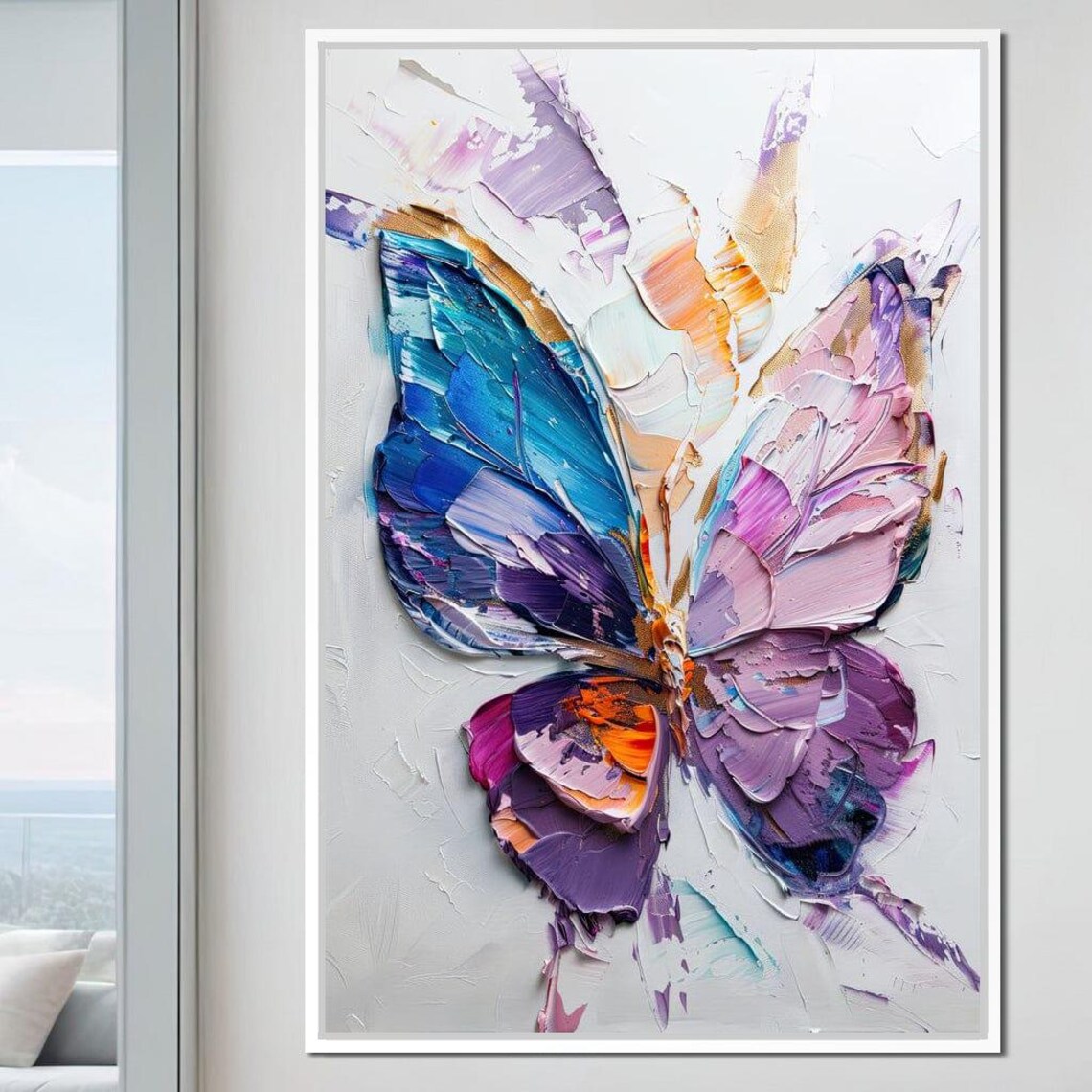 Iridescent Butterfly Blue Purple Pink Impasto Wings White Wall Art - Image 3