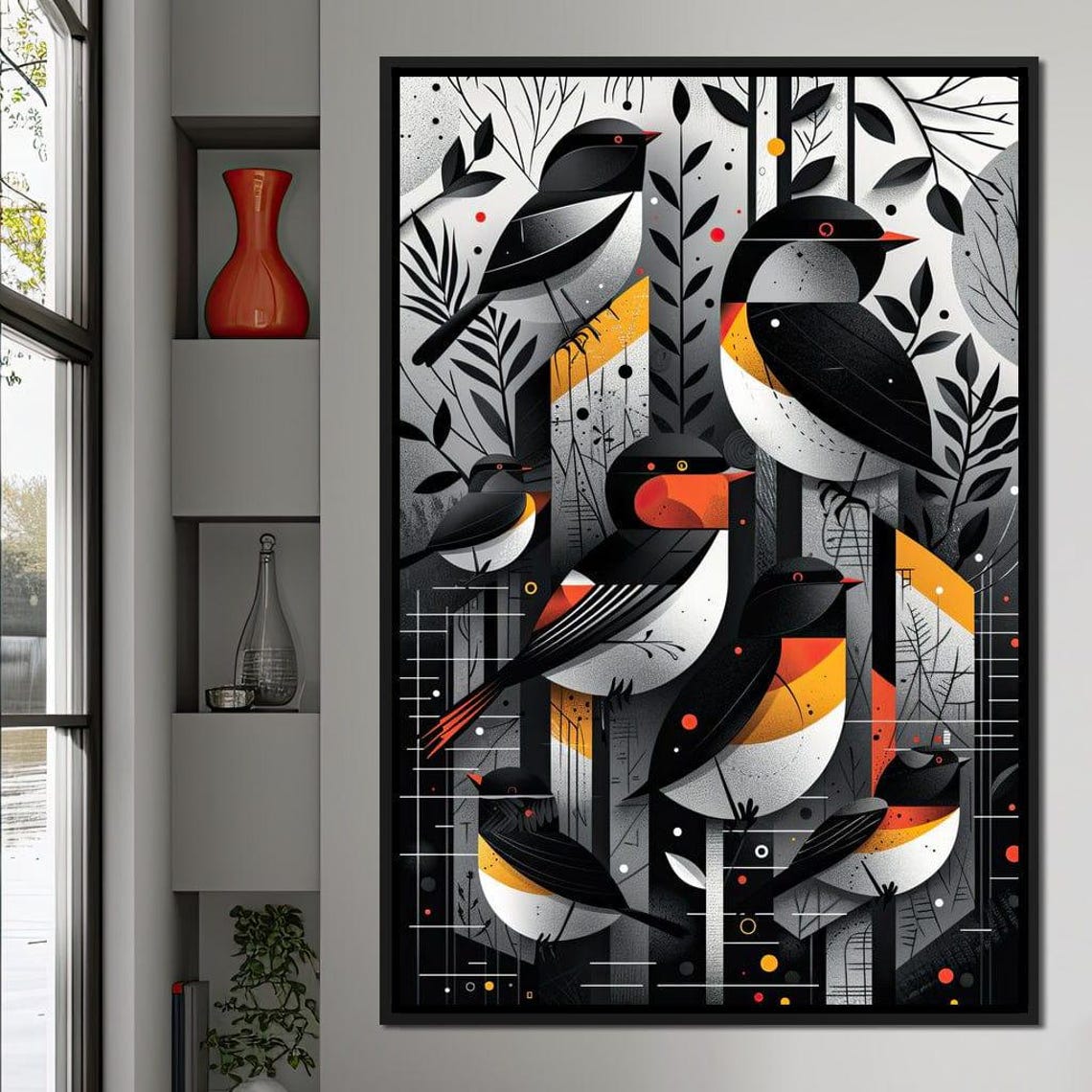 Geometric Songbirds Forest Black Orange Modern Bird Art Wall Poster - Image 4
