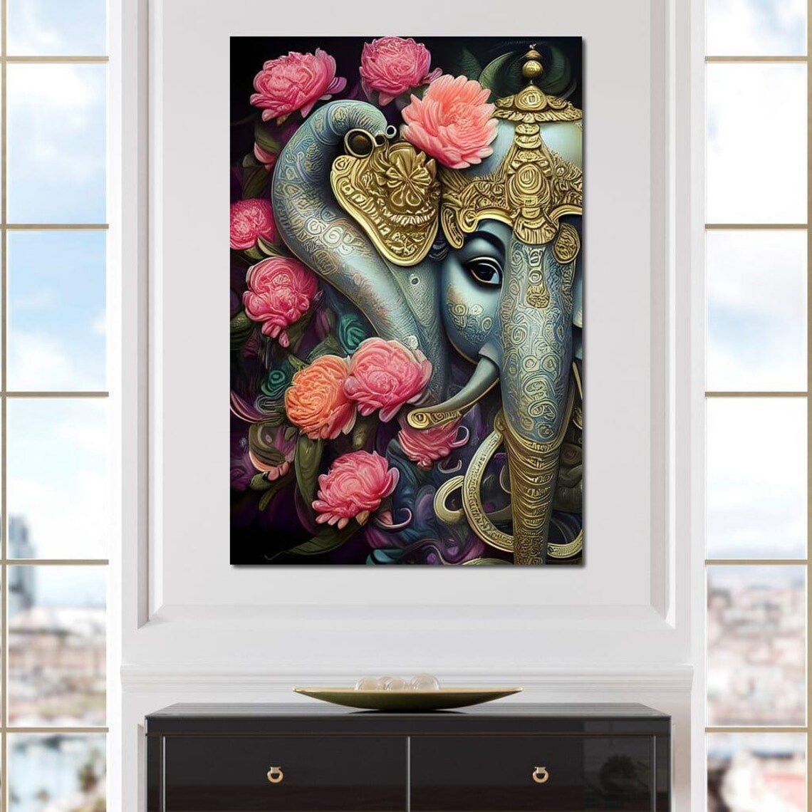 Ganesha Blue Gold Hindu Deity Pink Flowers Floral Spiritual Art Poster - Image 4