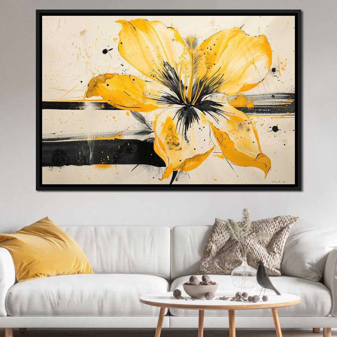 Golden Yellow Hibiscus Black Stripes Modern Abstract Art Print