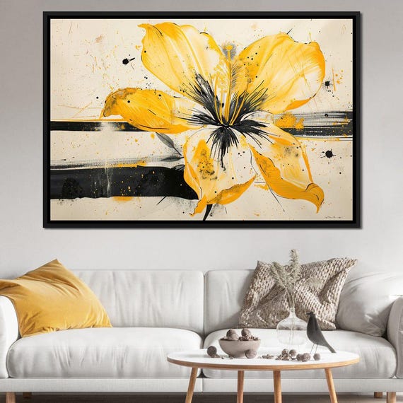 Golden Petal Contrast Burst Yellow Floral Modern Wall Art Bold Black Gold Flower Decor For Living Room By Nichecanvas