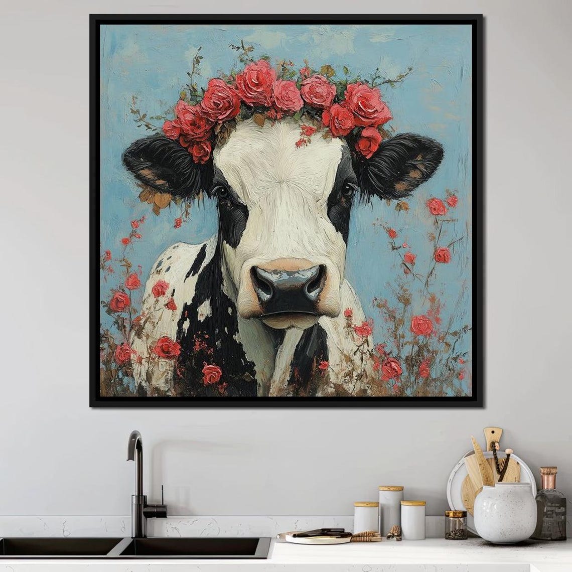 Black And White Cow Red Rose Crown Floral Farmhouse Wall Art Poster - Image 4