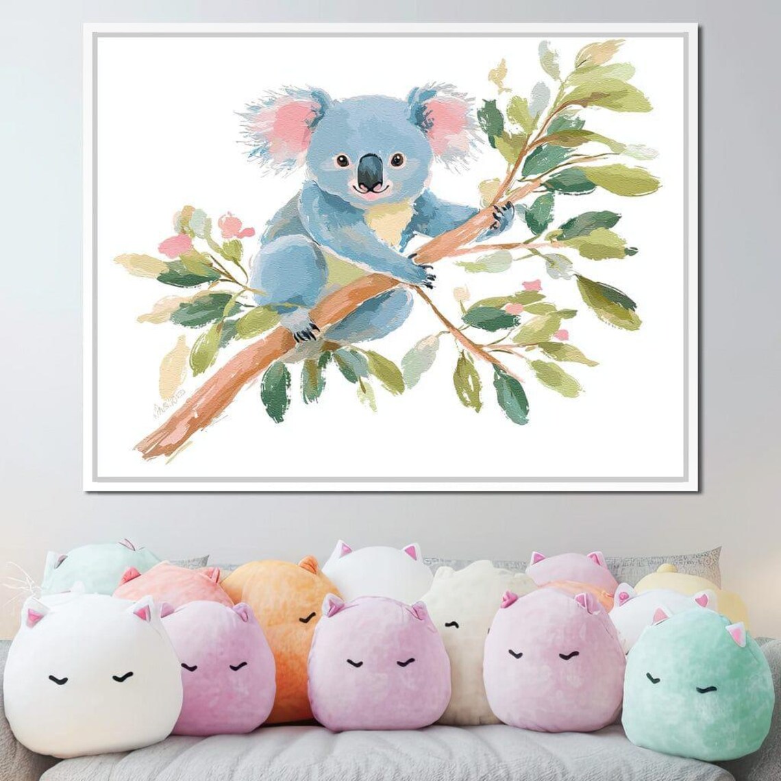 Sleepy Blue Koala Resting On A Eucalyptus Branch Pastel Nursery Wall Art