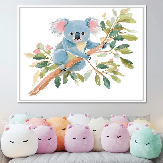 Sleepy Blue Koala Resting On A Eucalyptus Branch Pastel Nursery Wall Art