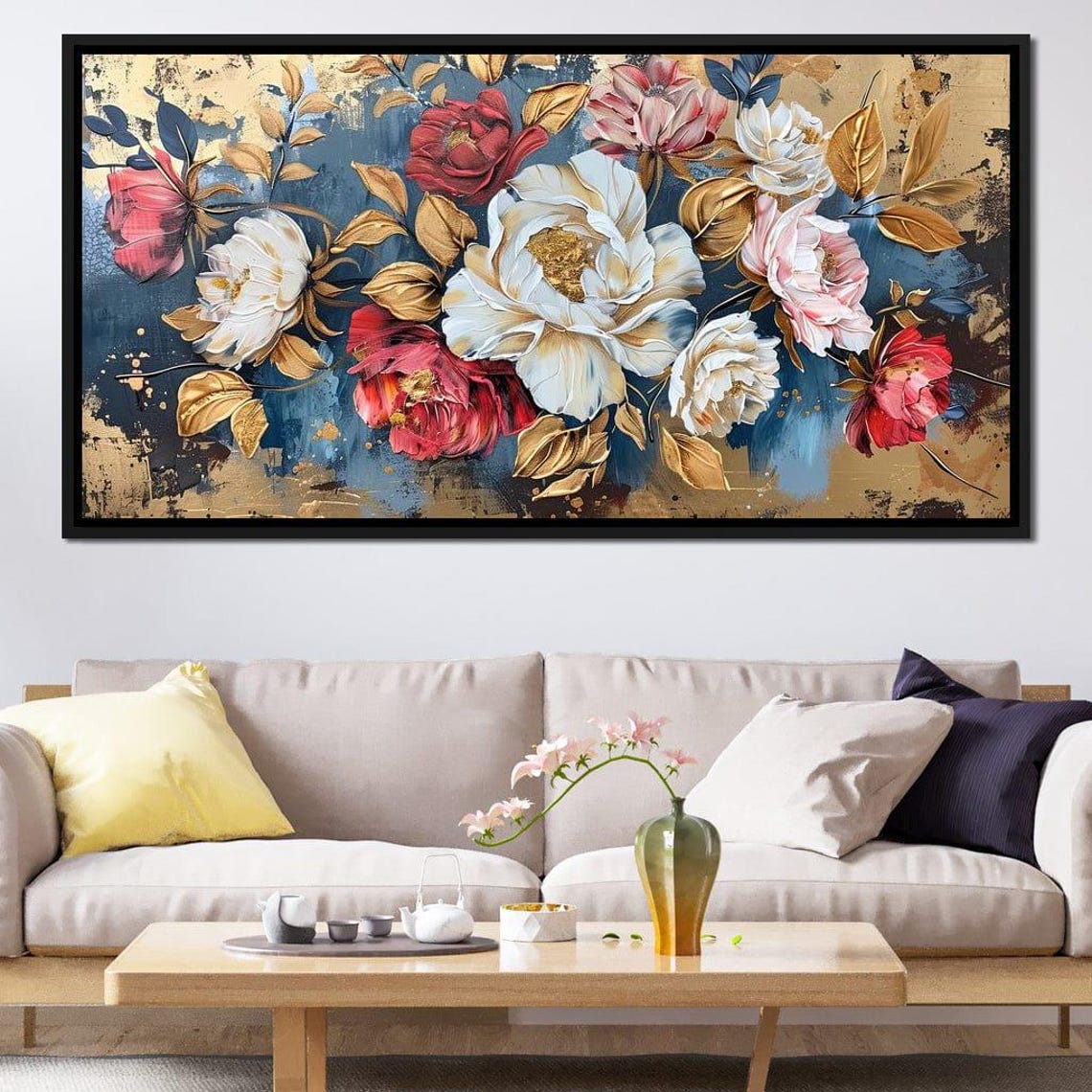 Red White Pink Peonies Gold Leaves On Blue Panoramic Wall Art Poster - Image 3
