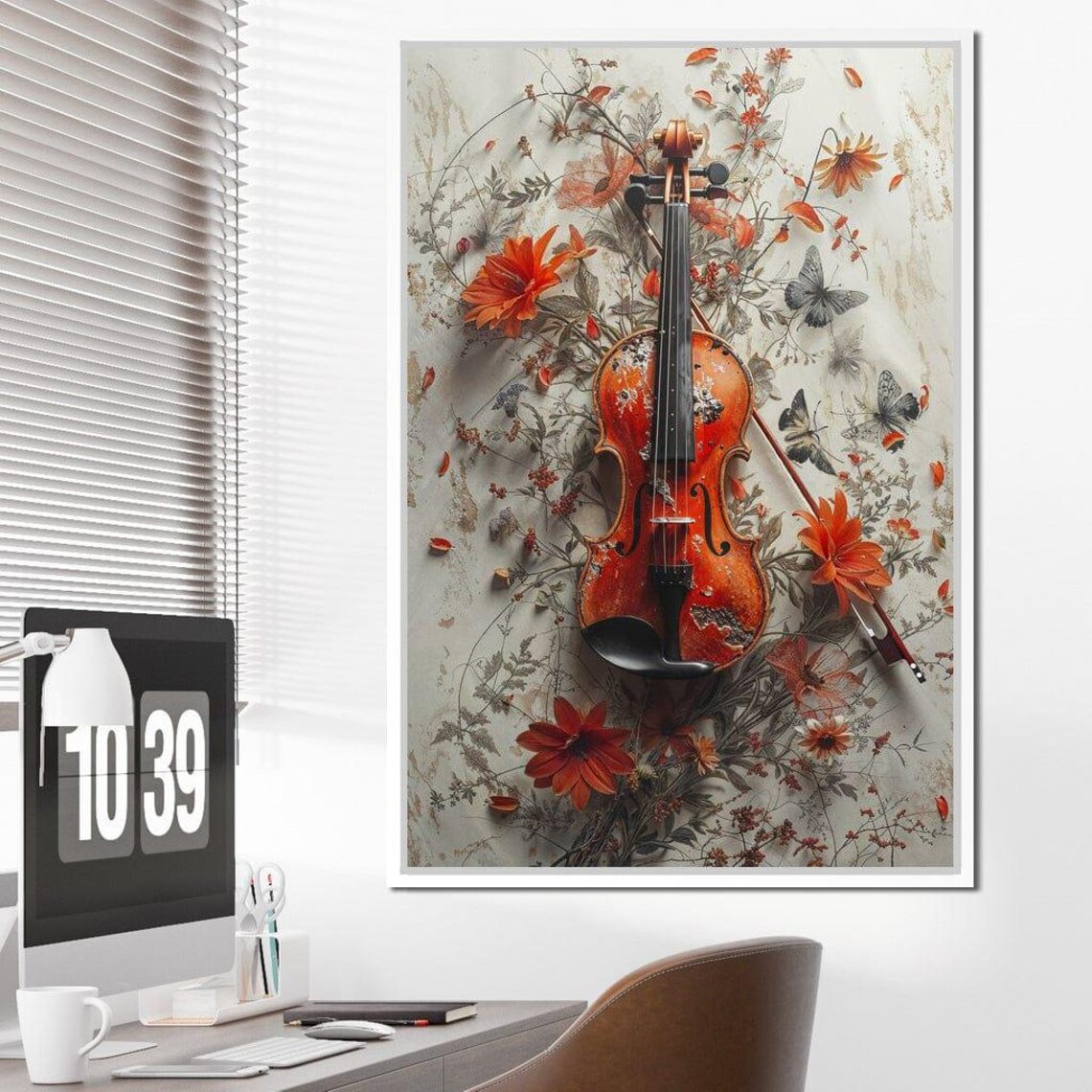 Red Violin Orange Blossoms Butterflies Marble Elegant Music Art Print - Image 4