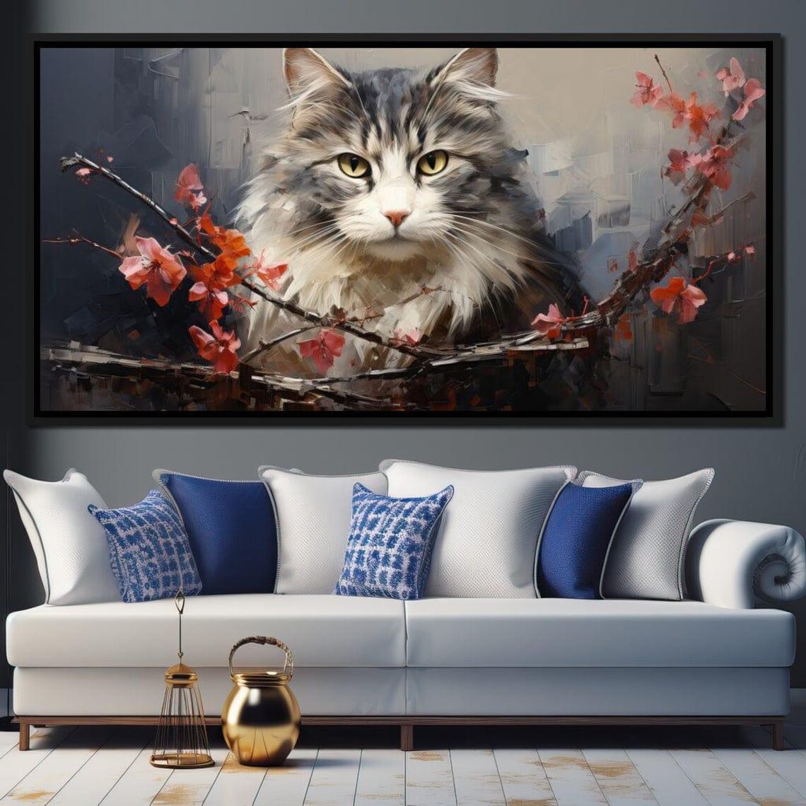 Fluffy Grey Tabby Cat Among Blossom Branches Feline Wall Art Poster - Image 3