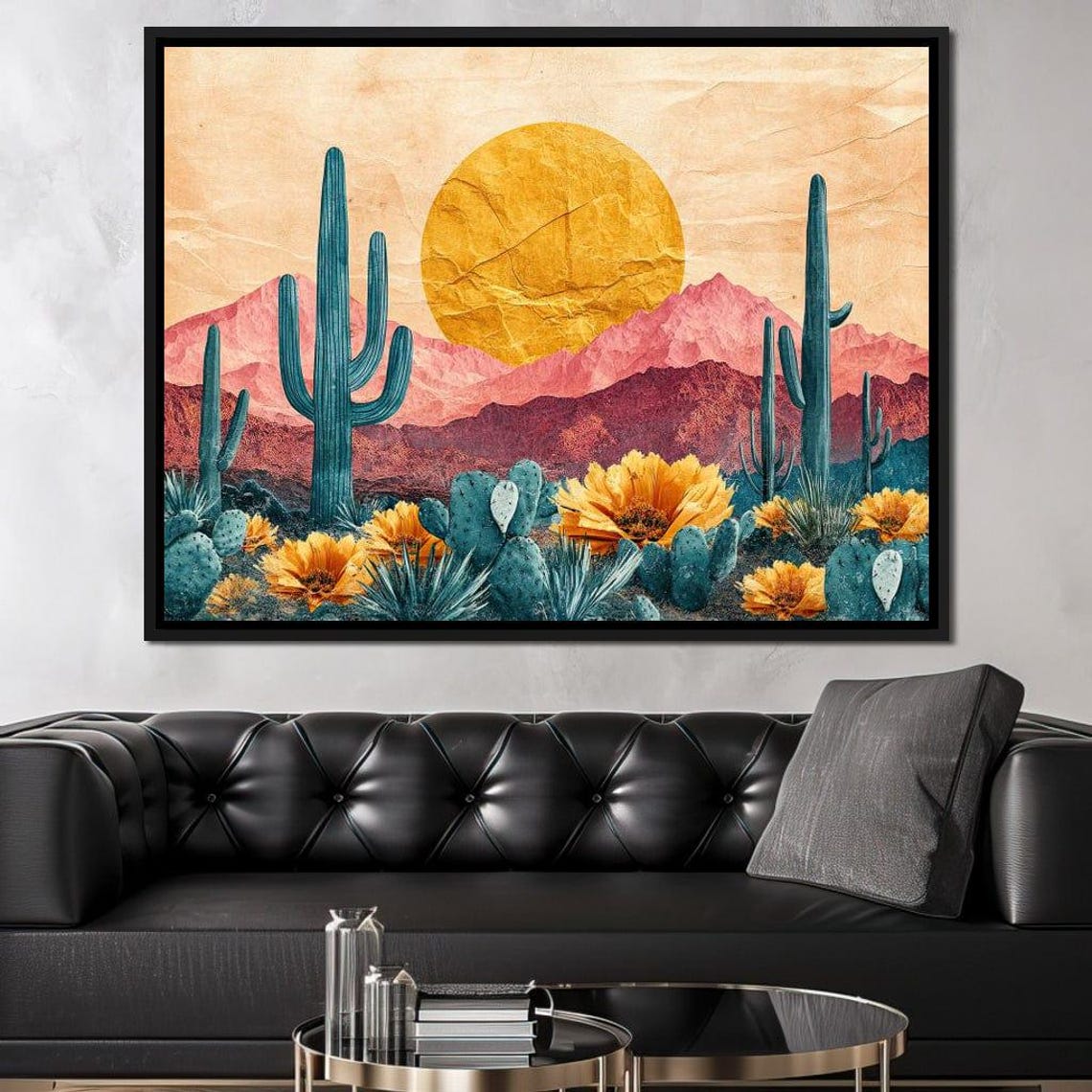 Desert Sunset Saguaro Cacti Blooming Flowers Mountain View Poster - Image 3
