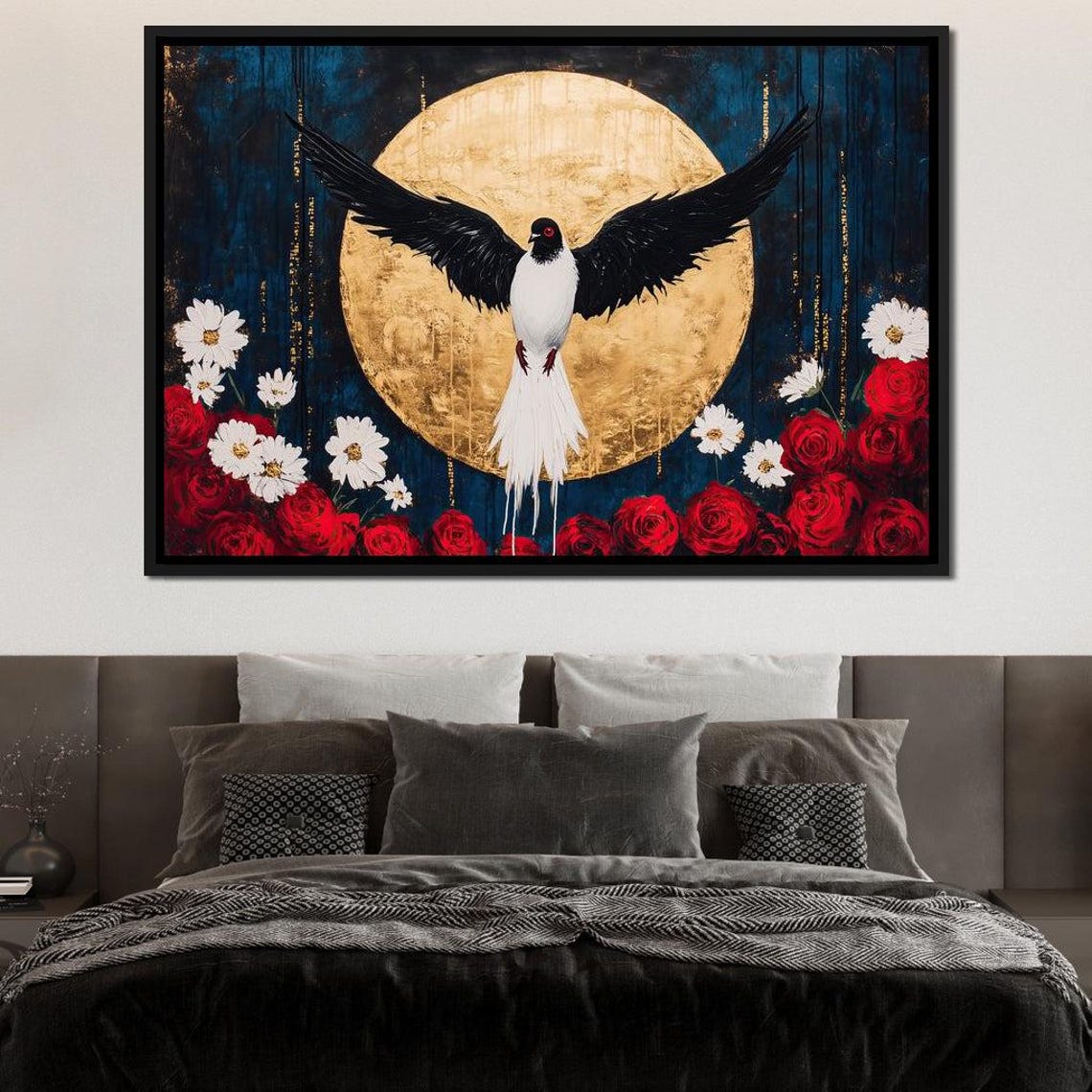 Black White Bird Gold Moon Red Roses Midnight Floral Elegant Poster - Image 2