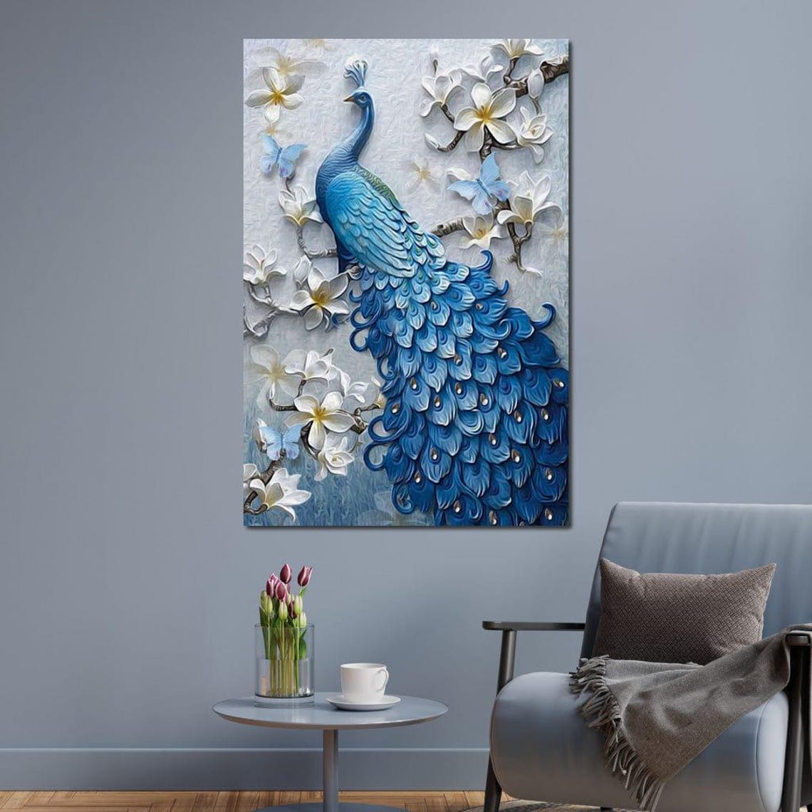 Blue Peacock 3D Embossed White Flowers Relief Elegant Bird Wall Art - Image 2