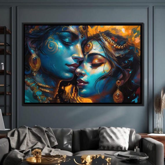 Radha Krishna Love Story Divine Hindu Deity Art Romantic Wall Decor Colorful Painting Spiritual Ethnic Art By Nichecanvas
