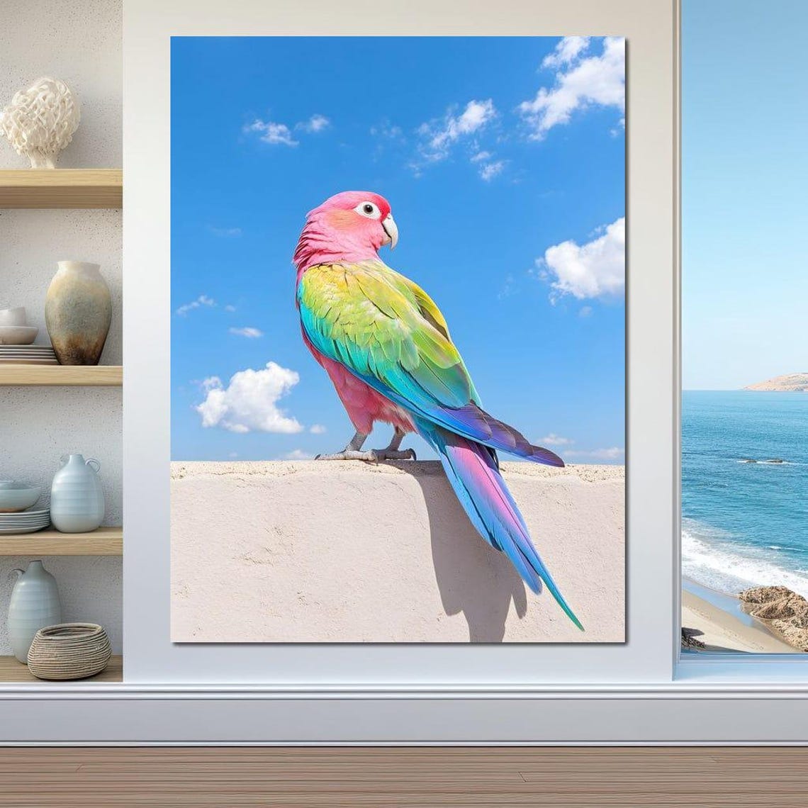 Vibrant Pink Parrot Perched On A Wall Under A Blue Sky Poster - Image 2