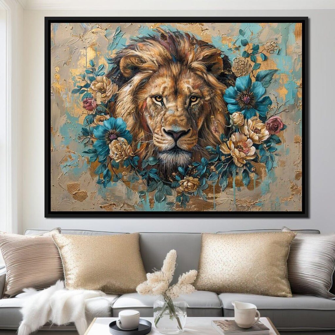 Majestic Lion Floral Wreath Portrait Teal Gold Botanical Regal Wildlife Wall Poster - Image 2