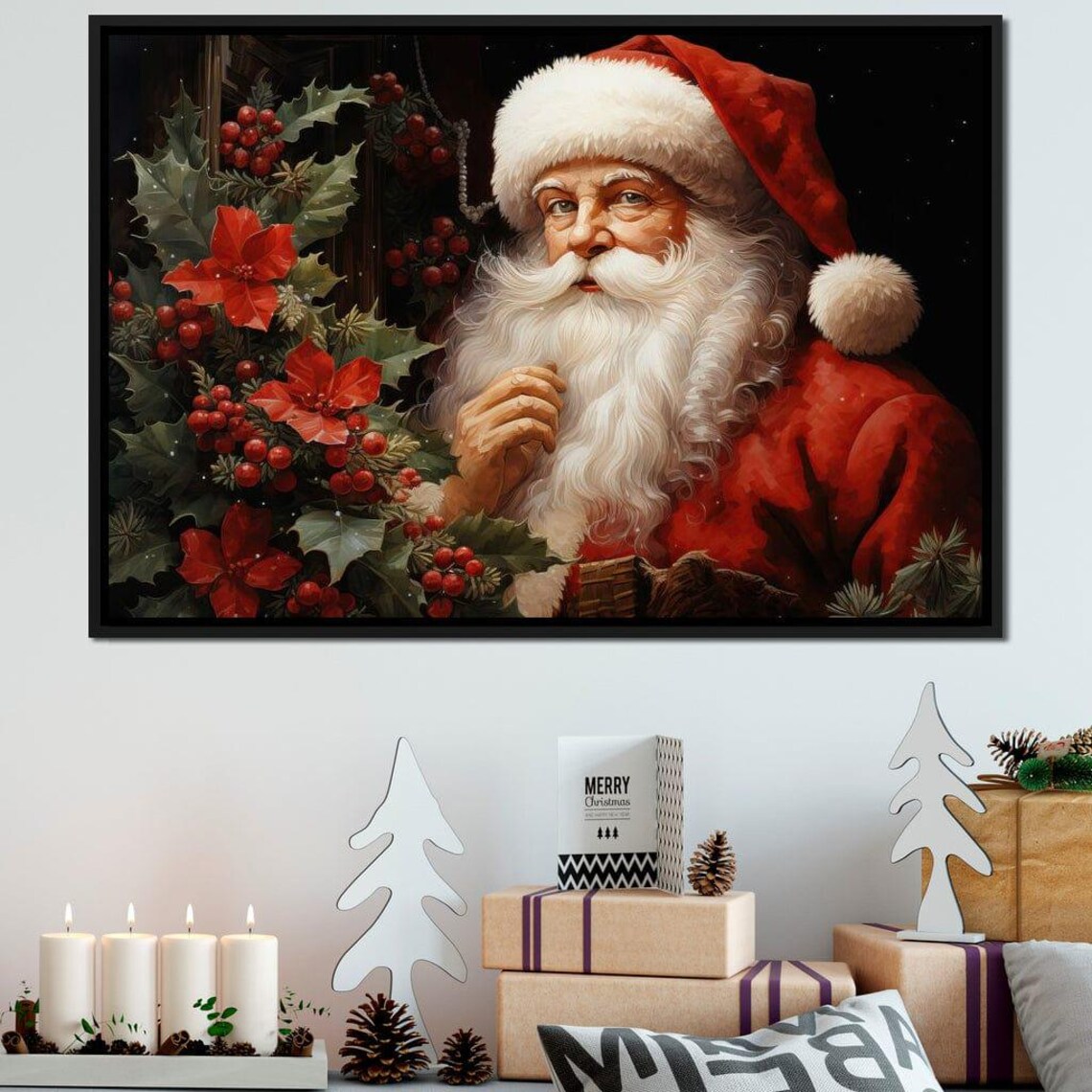 Vintage Santa Claus Portrait Poinsettia Holly Festive Christmas Poster - Image 3