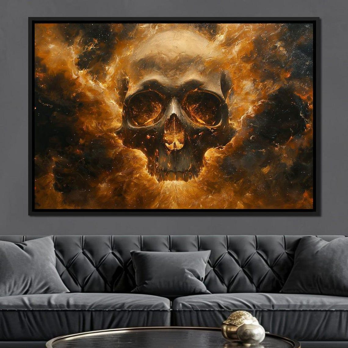 Fiery Inferno Skull Rising From Golden Flames Dark Fantasy Poster - Image 4