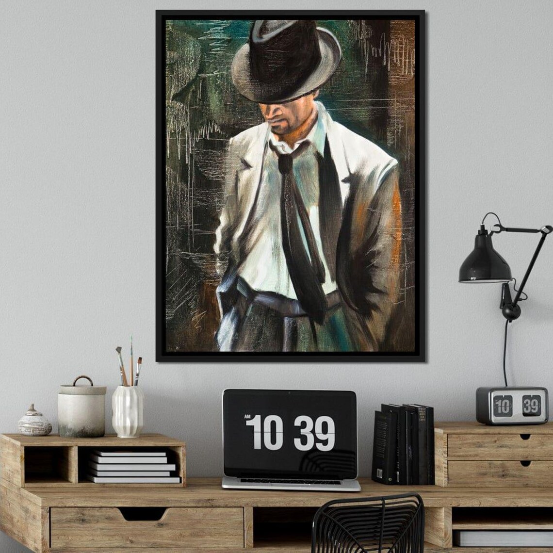 Dapper Gentleman Fedora Suit Moody Oil Portrait Classic Fashion Art Poster - Image 2
