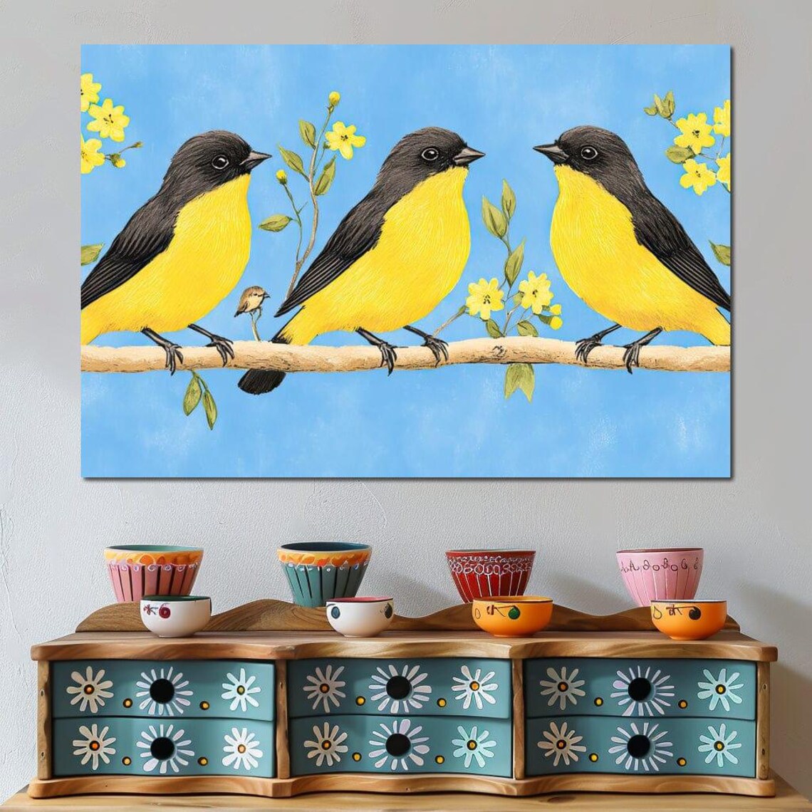 Songbird Trio Yellow and Black Birds on Blossom Branch Wall Art Poster - Image 2